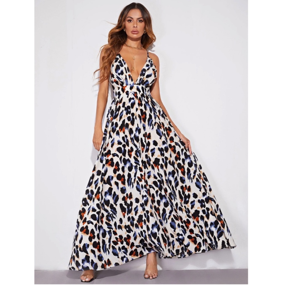 Cheetah Print Cream Multicolor Maxi Dress Backless Criss Cross Straps - Picture 5 of 6
